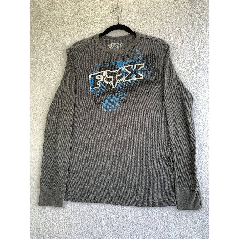 Fox Gray Thermal Jersey Blue Black Logo‎ Riders Graphic Waffle Texture